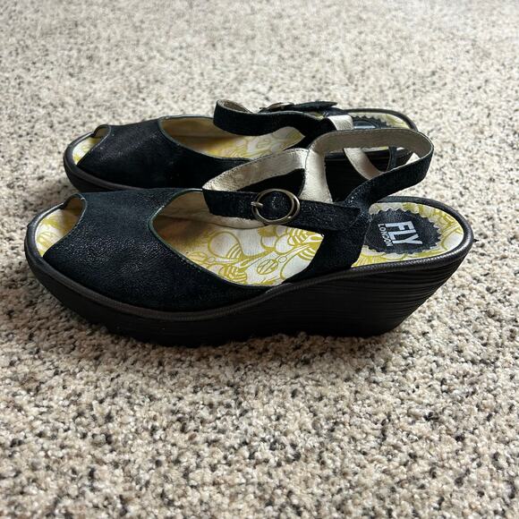 Fly London Black Peep Toe Wedge Sandals Size 8 EU 38 - Picture 1 of 10